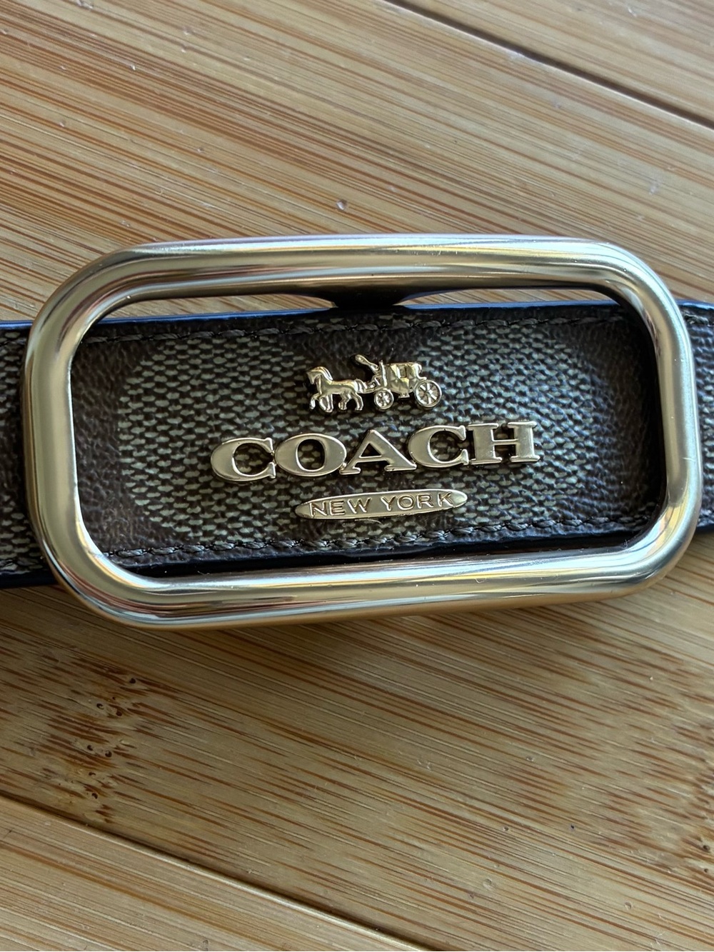 COACH Brown Signature Leather Belt with Gold Buckle